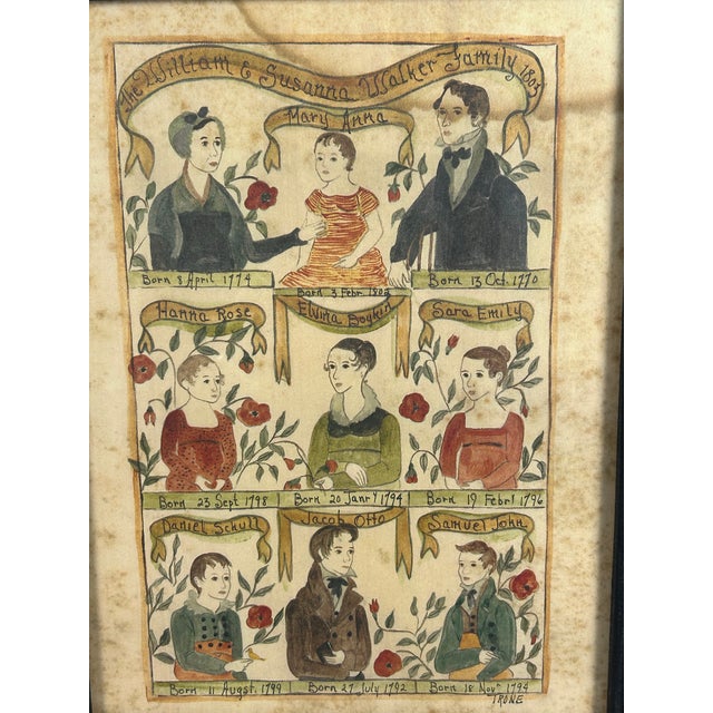 American Vintage Jacquelyn Trone Original Watercolor Primitive Walker Family Registry Fraktur Painting For Sale - Image 3 of 7