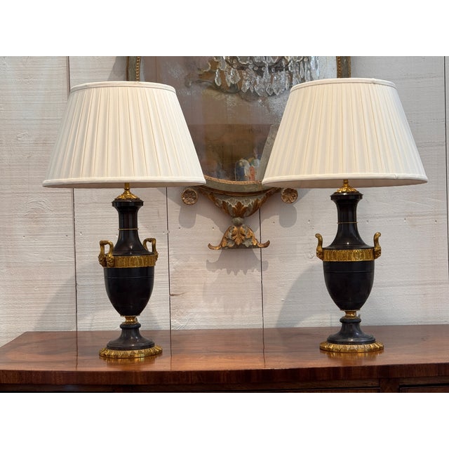 2000 - 2009 Pair of Empire Style Patinated Bronze Urn Lamps For Sale - Image 5 of 14