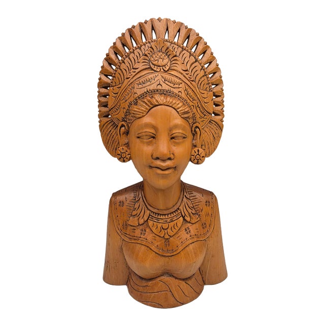 Mid-Century Balinese Art Deco Crowned Legong Dancer Bust in Premium Hardwood For Sale