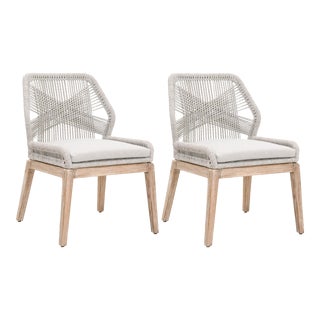 Loom Outdoor Dining Chairs, Pumice & Grey Teak with Taupe & White Rope, Set of 2 For Sale