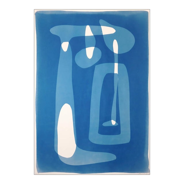 Minimalist Modern Cyanotype Monotype of Weightless Cantilever, Blue and White Shapes, 2026 For Sale