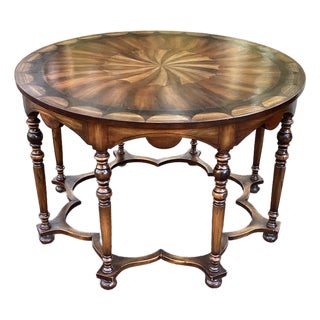 Late 20th Century Taracea Handcrafted Inlaid Round Center Table With Starburst Marquetry Top For Sale