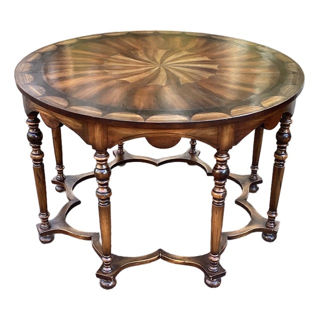 Late 20th Century Taracea Handcrafted Inlaid Round Center Table With Starburst Marquetry Top For Sale