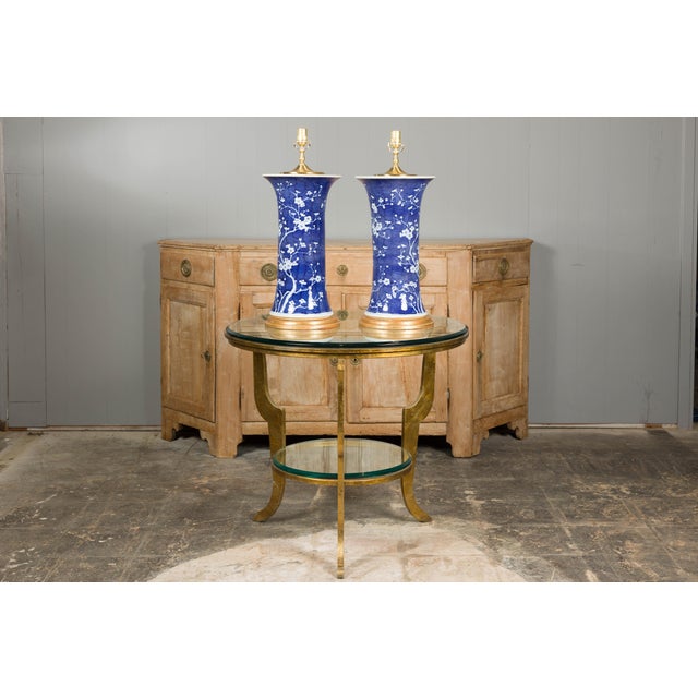 Blue Mid 20th Century Mid Century Modern Porcelain Blue and White Table Lamps with Blooming Trees, a Pair For Sale - Image 8 of 12