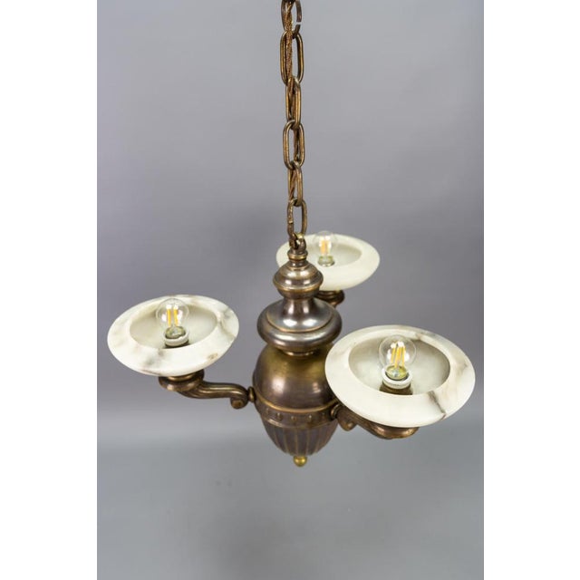 Art Deco Alabaster and Brass 3-Light Chandelier, 1930s For Sale - Image 16 of 18