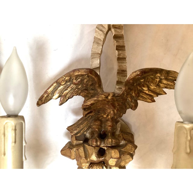 Gold Early 20th C. Hand Carved Continental Parcel Gilt Eagle Motif Wall Sconces - A Pair For Sale - Image 8 of 11