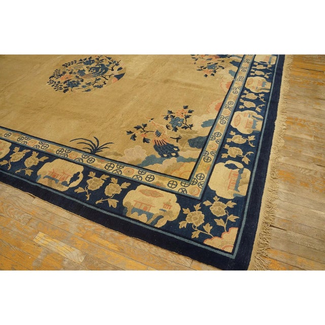 Beige Antique 1920s Beige Field Deco Peacock Chinese Peking Knotted Rug 9' X 11' 6'' For Sale - Image 8 of 9