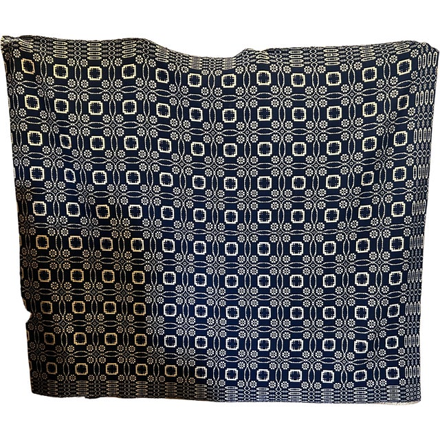 Blue & white overshot coverlet. Summer/winter (blue background on one side, white on the other). Wool and linen, center...