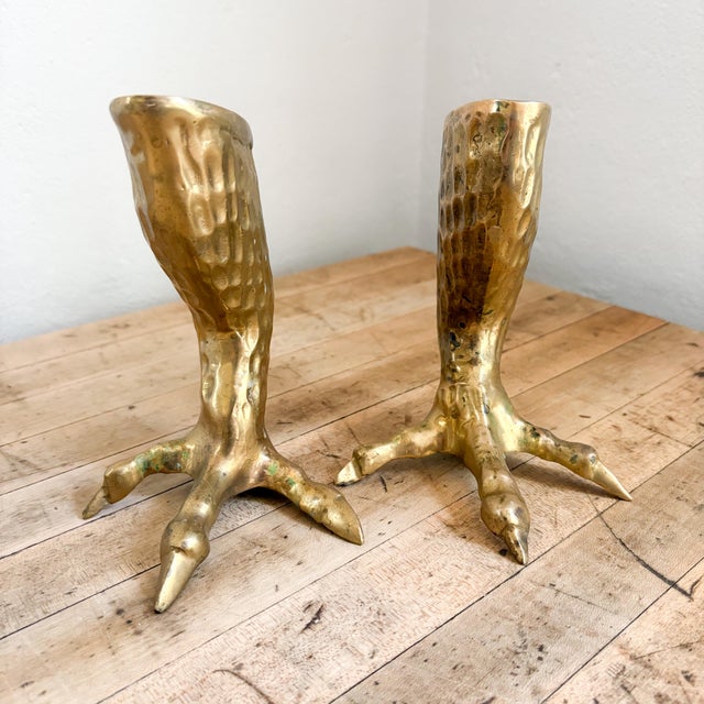 Pair of Midcentury Brass Talon Candlestick Holders For Sale - Image 4 of 12
