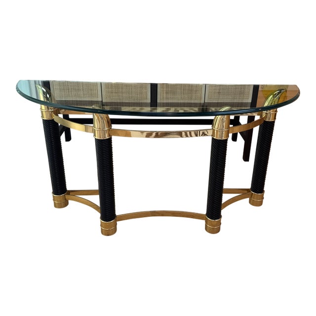 1970s Italian Brass and Glass Console Table With Faux Rope and Tusk Detail Attributed to Renato Zevi For Sale