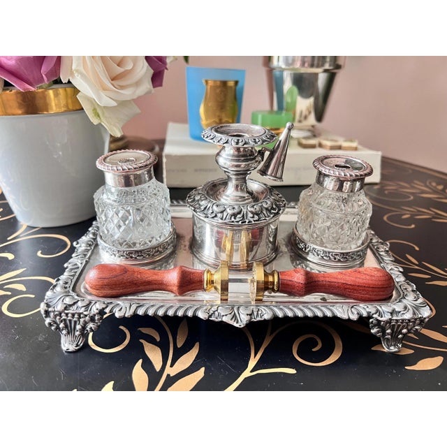Metal Set of 4, Antique silverplate inkwell stand with crystal diamond cut inkwells // pen and ink // desk accessory // silver on copper For Sale - Image 7 of 15