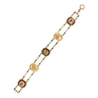 Late 19th Century 14k Gold Gemstone & Enamel Victorian Repurposed Cufflink Bracelet For Sale