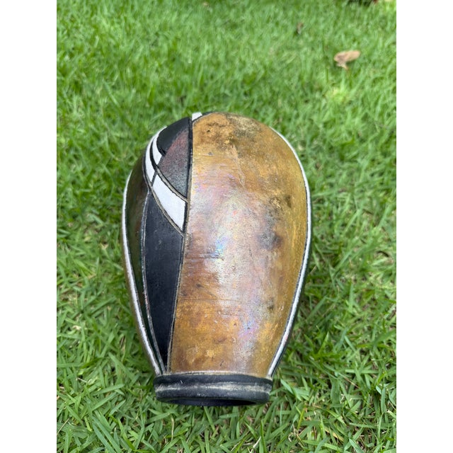Vintage Signed Raku Studio Pottery Vase With Iridescent Geometric Design, 10” For Sale - Image 10 of 11