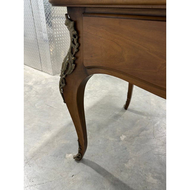 French Vintage Karges French Provincial Walnut Executive Writing Desk With Embossed Leather Top For Sale - Image 3 of 18
