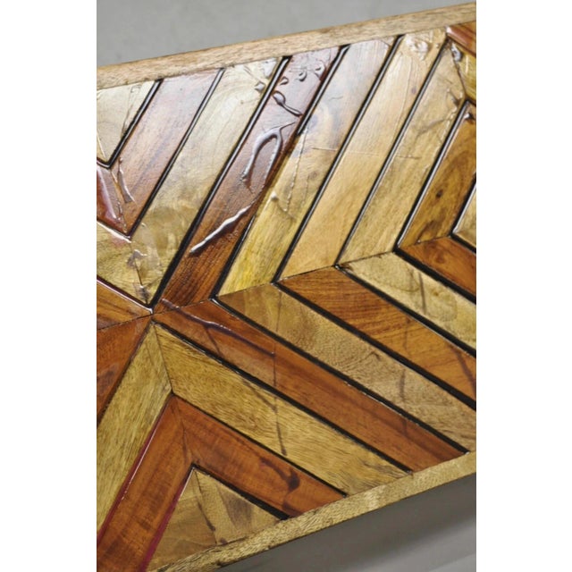 Wood Modern Slatted Wood 48" Geometric Inlay Rustic Farmhouse Coffee Table Bench For Sale - Image 7 of 11