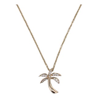 0.20ctw Diamond PalmTree Pendant Necklace 14k Yellow Gold 20" Cable Chain For Sale