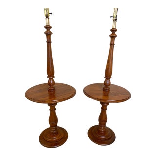 1940s Solid Oak Tray Table Floor Lamps - A Pair For Sale