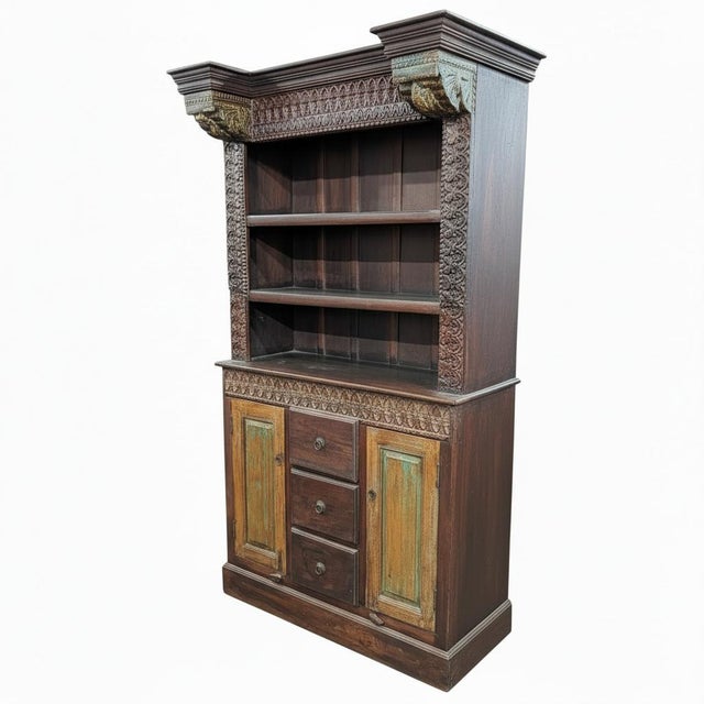 Farmhouse Ranch Style Antique Carvings Repurposed 50" Wide Bookcase Cabinet For Sale - Image 3 of 6