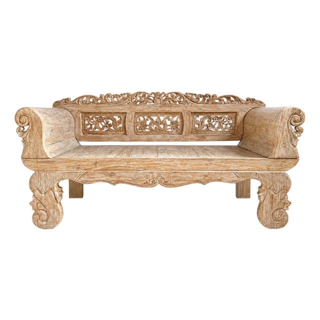 Vintage Washed Teak Sleigh Arm Outdoor / Indoor Bench For Sale