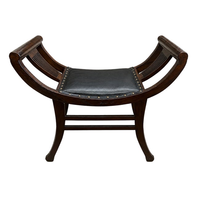 Vintage Campaign Style Saddle Bench Stool With Black Leather Seat & Nailhead Trim For Sale