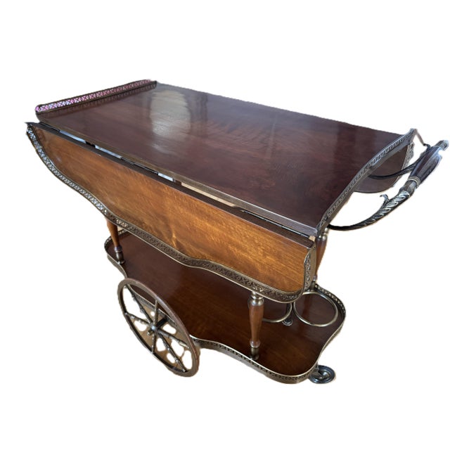 Wood Mid-Century Bar Cart with Folding Leaves and Brass Gallery, 1960s For Sale - Image 7 of 18