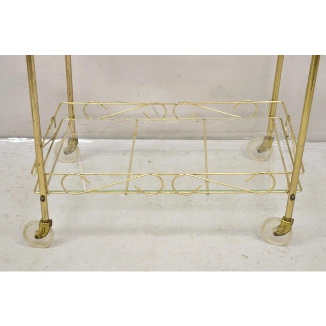 Vintage Mid Century Modern Gold Metal 2 Tier Rolling Bar Tea Cart Server For Sale - Image 4 of 12
