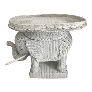 Vintage White Wicker Elephant Side Table With Tray For Sale