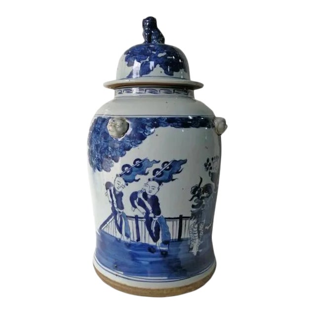 Chinese Blue and White Porcelain Ginger Jar With Hand Painted Playing Children For Sale