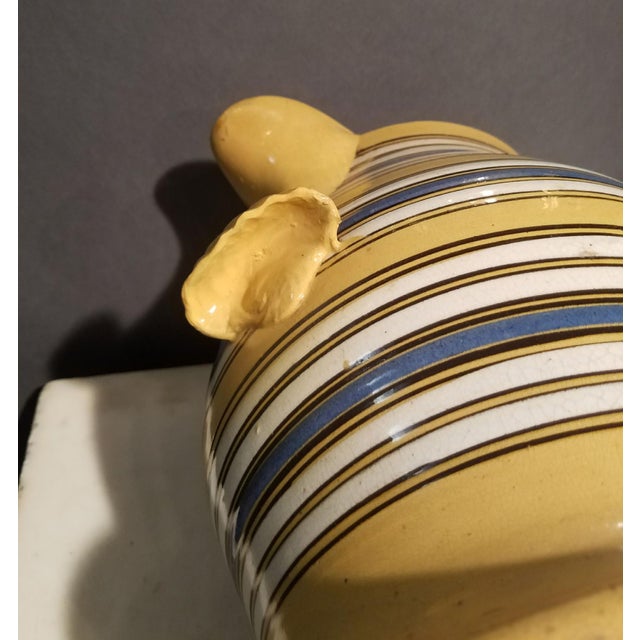 Large Mocha Yellow Ware Jug With Blue, White and Brown Slip Bands and Shell Grip For Sale - Image 10 of 10