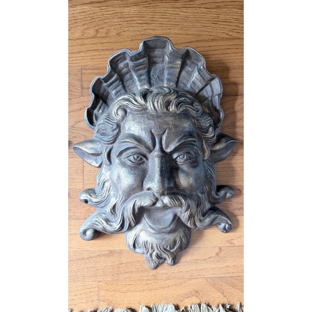 Mythological Gilded Cast Iron Neptune Architectural Wall Plaques - A Pair For Sale - Image 4 of 12