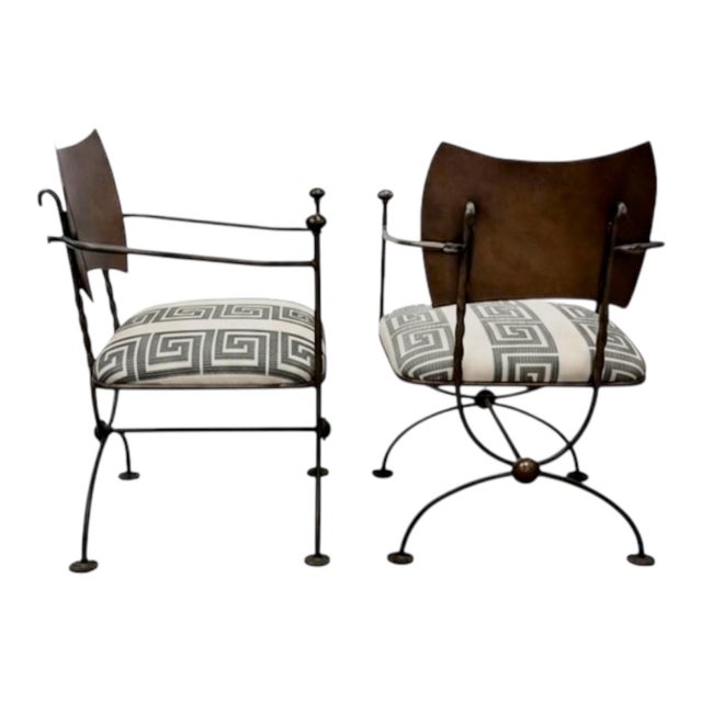 Savonarola Campaign Style Iron / Steel X-Base Chairs Greek Key Upholstery - Pair For Sale - Image 4 of 7