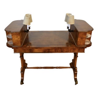 1900s Antique English Hepplewhite Burl Walnut & Leather Top Carlton Writing Desk For Sale