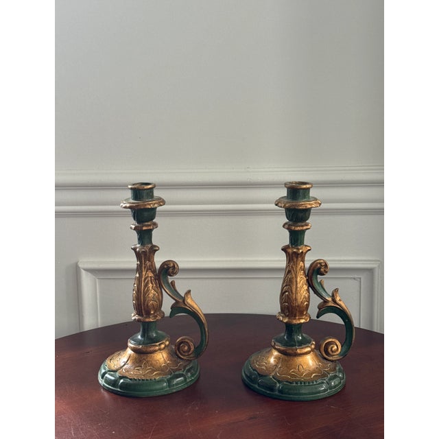 Traditional Italian Florentine Style Green and Gold Candle Holders--a Pair For Sale - Image 3 of 13