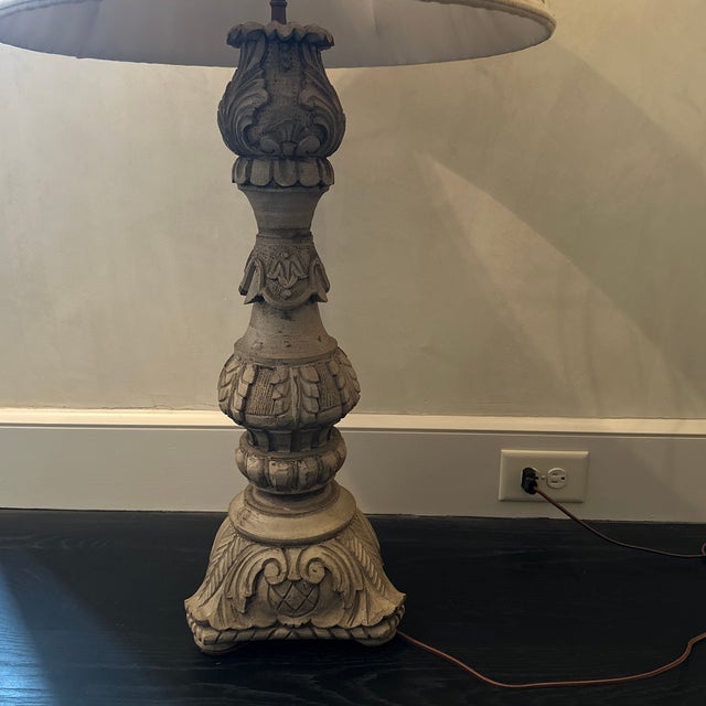 Solid wood column lamp purchased in Italy features beautiful hand carved full round details with washed finish. Cream...