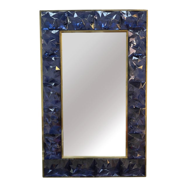 Contemporary Brass & Blue Murano Glass Wall Mirror For Sale