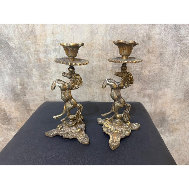 Figurative Antiqued Brass Horse Candlestick Pair For Sale - Image 3 of 10