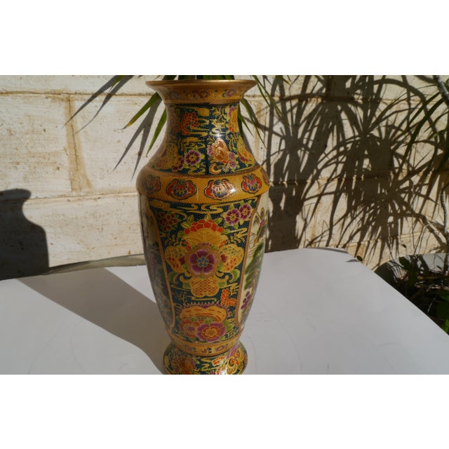 Asian Vintage Royal Satsuma Vase Mountain Scene & Florals Moriage Gold Tone Green For Sale - Image 3 of 12