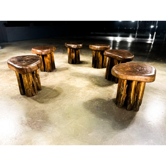 Mid-Century Modern Set of Six Sculptural “Denúncia” Stools in Solid Reclaimed Wood, Brazil, 1970s For Sale - Image 3 of 14