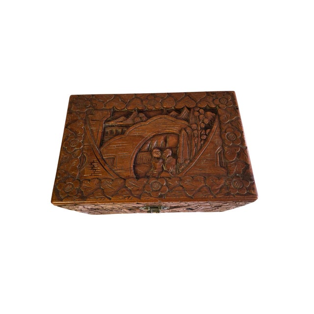 Vintage Asian Hand-Carved Camphor Wood Jewelry Box With Village Scene & Brass Hardware For Sale - Image 10 of 18