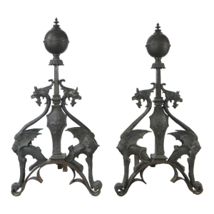 Pair of 19th Century Bronze Griffin Andirons