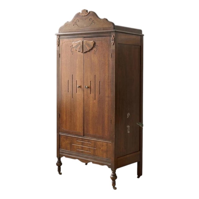 Antique Carved Wood Drop-Front Armoire Cabinet For Sale