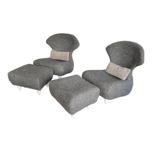 Vintage Annie Hiéronimus for Ligne Roset "Femina Body" Chairs and Ottomans in Charcoal Boucle With Shearling Pillows - 2 Sets