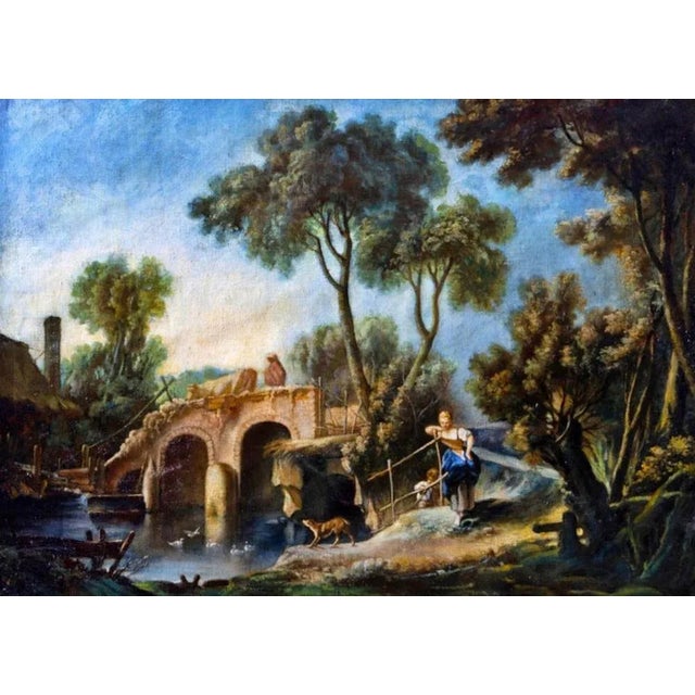 French School "Landscape with Figures". Oil on canvas from the 19th century. Recovered. Dimension: 59 x 82 cm. Good...