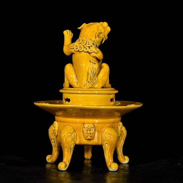 Chinese Chinese Yellow Glazed Porcelain Censer / Incense Burner With Foo Dog & Elephant Legs For Sale - Image 3 of 9