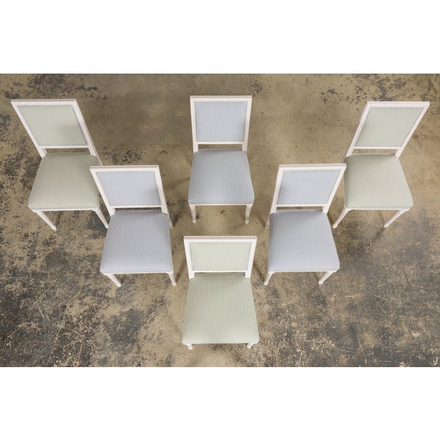 Late 20th Century French Louis XVI Style Painted Dining Chairs in Blue & Green Stripe, Set of 6 For Sale - Image 5 of 18