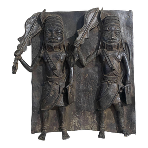 Vintage Large African Benin Bronze Plaque W/ Warriors 18.25" H