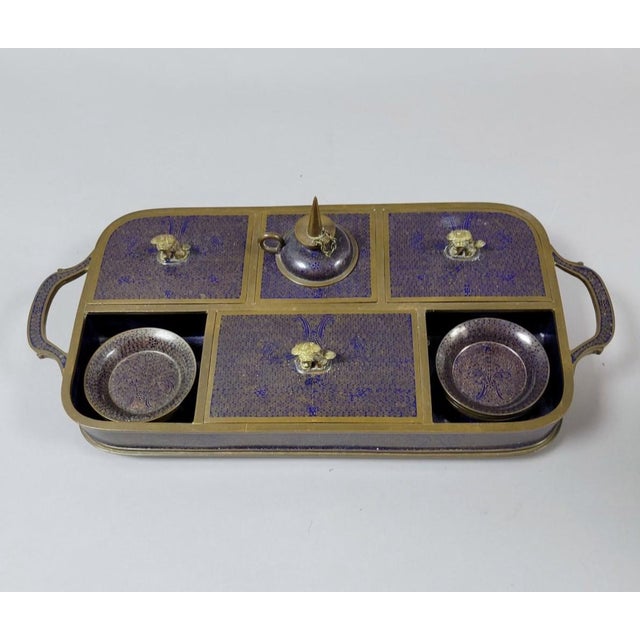 Blue Late 19th Century Chinese Qing Cloisonné Opium Tray With Original Burner, Foo Dog Covers & Six Dishes For Sale - Image 8 of 11