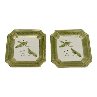 Asian Style Square Porcelain Plates Pheasant Motif a Pair For Sale