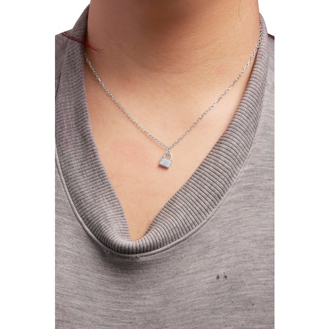Early 21st Century .925 Sterling Silver 1/4 Cttw Diamond Lock 16" Pendant Necklace with Paperclip Chain (H-I Color, SI2-I1 Clarity) For Sale - Image 5 of 6