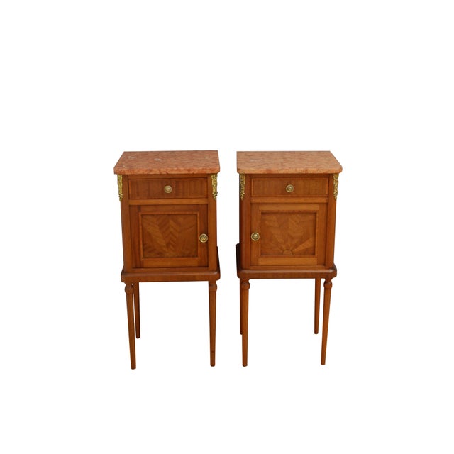 Brown Antique French Mahogany Bedside Cabinets with Marble Tops, 1900, Set of 2 For Sale - Image 8 of 16